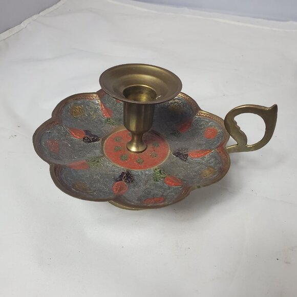 PENCO Industries Vintage Ornate ENAMELED BRASS CANDLESTICK HOLDER and 6" BOWL - Picture 4 of 7